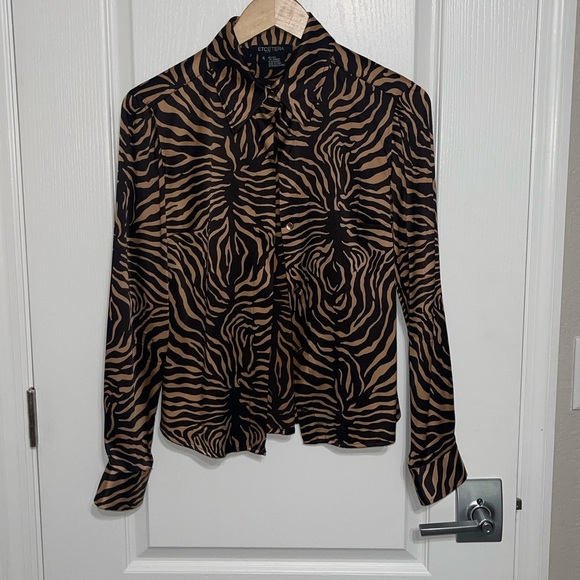 ETCETERA ANINE BING Zebra Print Silk Button-Up Blouse Brown Tan Silk Spandex 4 - Picture 4 of 6